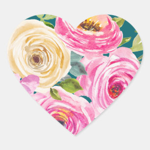 Sticker Cœur Roses aquarelles en rose et crème dans un cadre sa