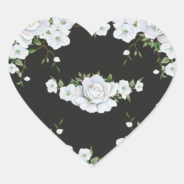 Sticker Cœur Roses blanches Floral & Charcoal Grey Elegant Favo (Devant)