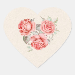 Sticker Cœur Roses Corail Pêche Vintage Feuillage Mariage