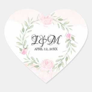 Sticker Cœur Roses d'aquarelle rose pâle Mariage monogramme