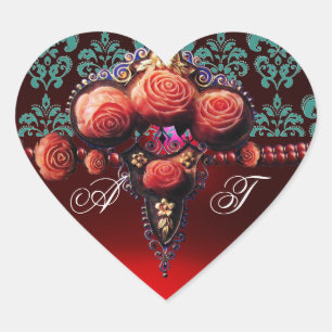 STICKER CŒUR ROSES DE CORAIL ROUGE, RUBY DAMASK HEART MONOGRAS