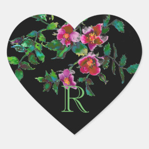 Sticker Cœur Roses vintages, aquarelle roses roses