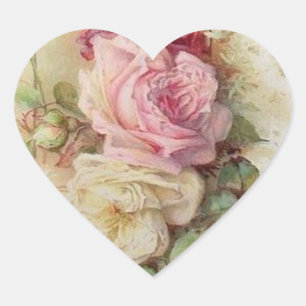 Sticker Cœur Roses vintages roses et blanches victoriennes