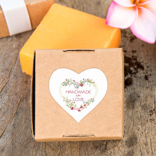 Sticker Cœur Rouge fait à la main avec l'amour Citation Floral