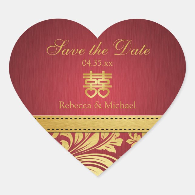 Sticker Cœur Rouge & Or Damask, Chinois Double Coeur Bonheur (Devant)