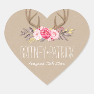 Sticker Cœur Rustic Peony & Deer Antler Wedding Favors Seals