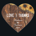Sticker Cœur Rustic Wood & Burlap Mariage Love & Thanks Favoris<br><div class="desc">Rustic Wood & Burlap Tournesol Mariage préférés autocollants Avec police de script de brosse tendance! ~ Regardez ma boutique pour voir l'ensemble de la suite mariage pour ce design!</div>