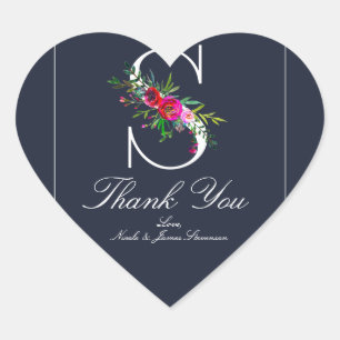 Sticker Cœur S Monogramme Dernier initial bleu Floral Mariage