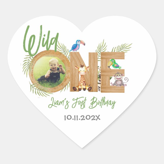 Sticker Cœur Safari Wild One First Birthday Photo Animaux Bois (Devant)