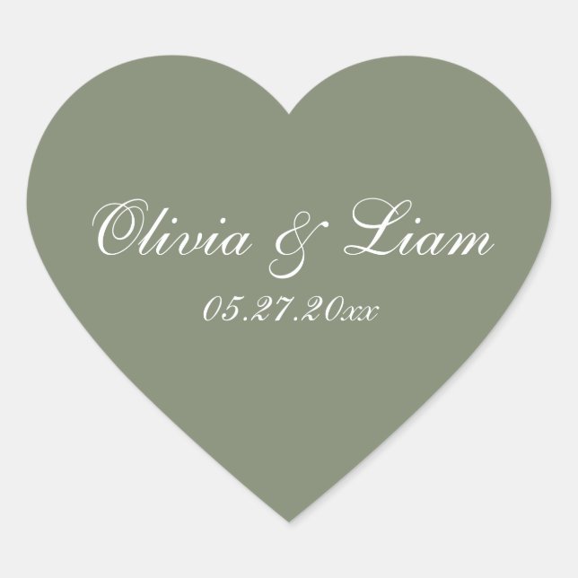 Sticker Cœur Sage Green Nom Date Mariage élégant (Devant)