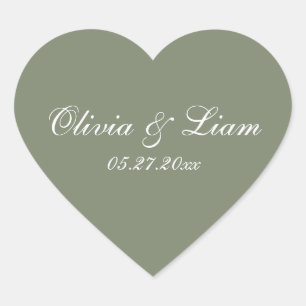 Sticker Cœur Sage Green Nom Date Mariage élégant