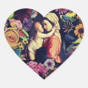 Sticker Cœur Sainte Vierge Marie Jésus Fleurs Roses Religieuses