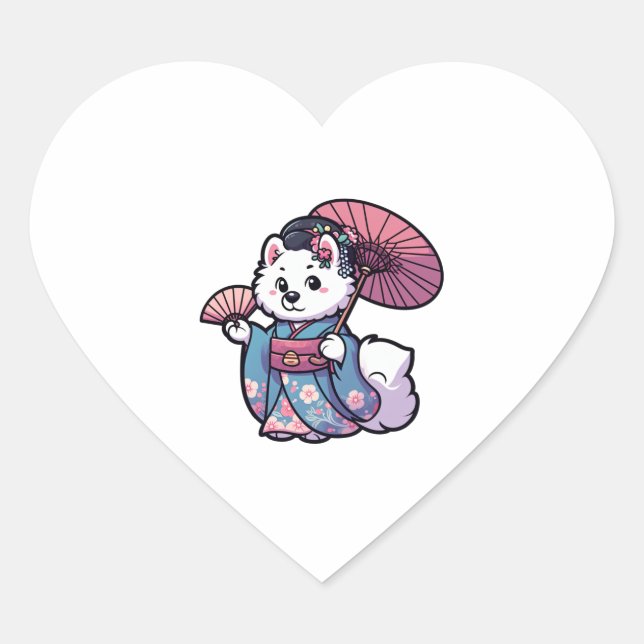 Sticker Cœur Samoyed Chien Kimono (Devant)