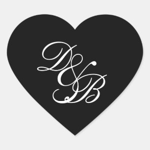Sticker Cœur Sceau de mariage élégant à monogramme noir et blan