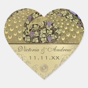 Sticker Cœur Sceau de mariage oiseaux paon Art Nouveau