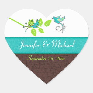 Sticker Cœur Sceau d'enveloppe Brown d'oiseaux turquoise vert