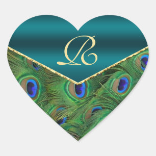 Sticker Cœur Sceau d'enveloppe de monogramme de paon turquoise