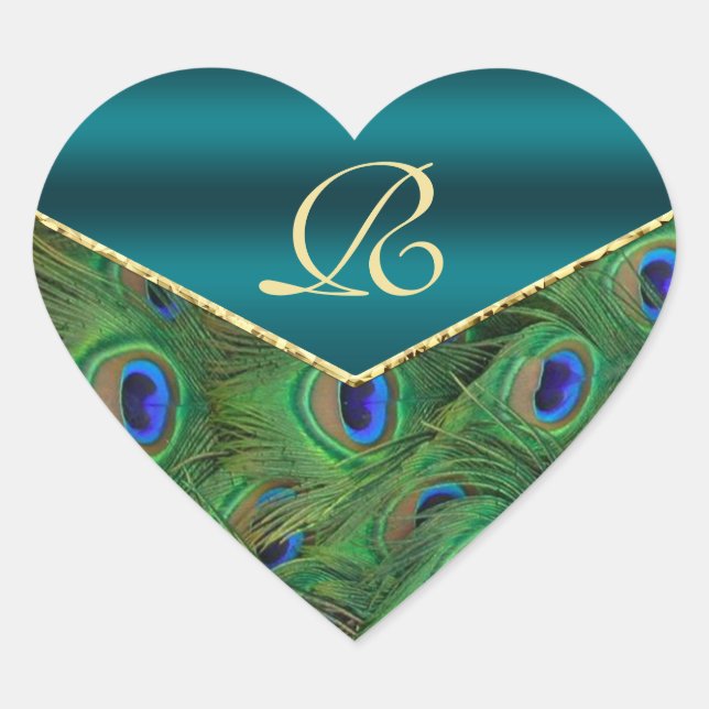 Sticker Cœur Sceau d'enveloppe de monogramme de paon turquoise (Devant)