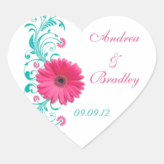 Sticker Cœur Sceau d'enveloppe Mariage rose Gerber Turquoise (Devant)
