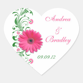 Sticker Cœur Sceau d'enveloppe Mariage vert Gerbera rose