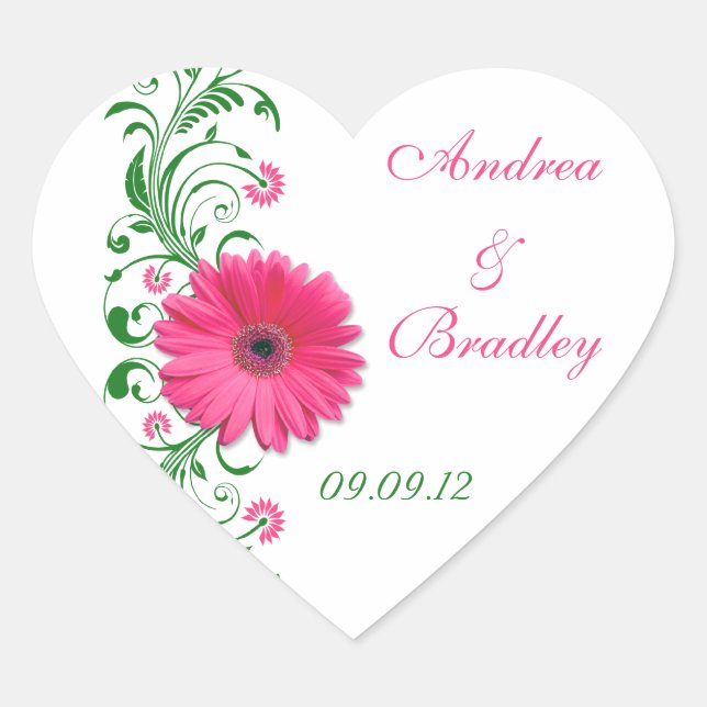 Sticker Cœur Sceau d'enveloppe Mariage vert Gerbera rose (Devant)