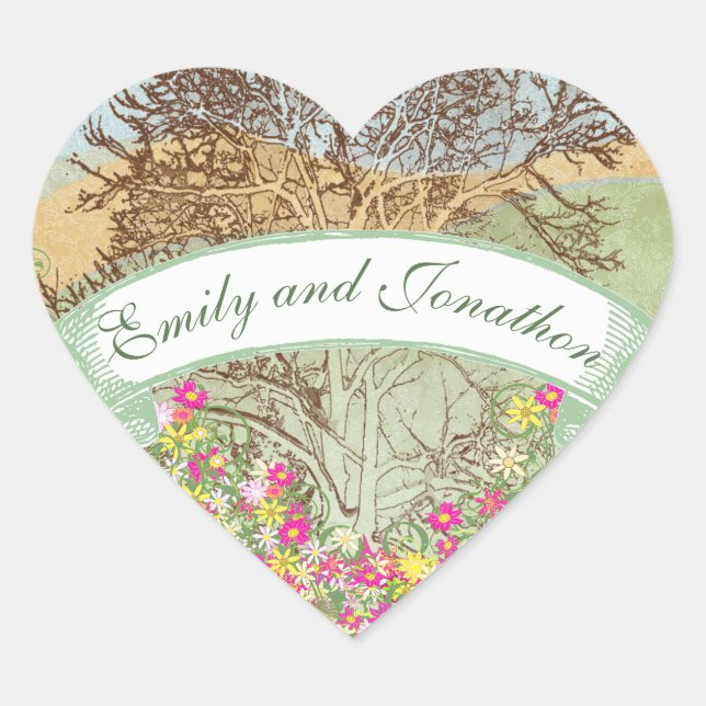 Sticker Cœur Sceau Mariage de chêne Brown rose et jaune (Devant)