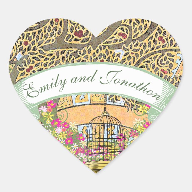 Sticker Cœur Sceau Mariage de chêne rose et jaune (Devant)