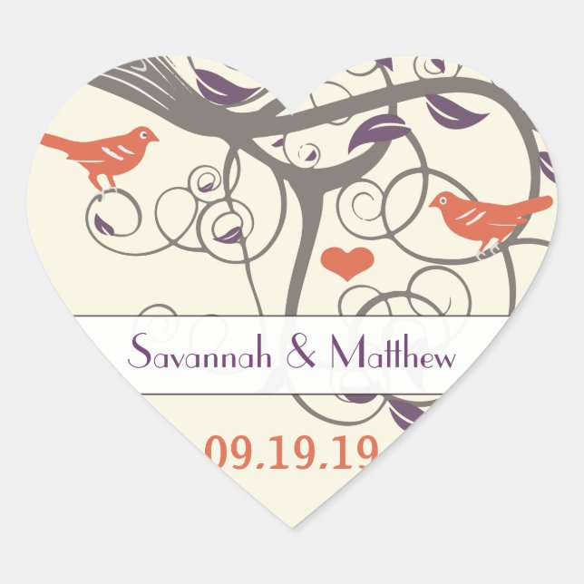 Sticker Cœur Sceau Mariage d'oranges pourpres et gris (Devant)