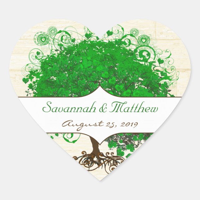 Sticker Cœur Sceau Mariage Emerald Hearald Leaf Tree Barn Wood (Devant)