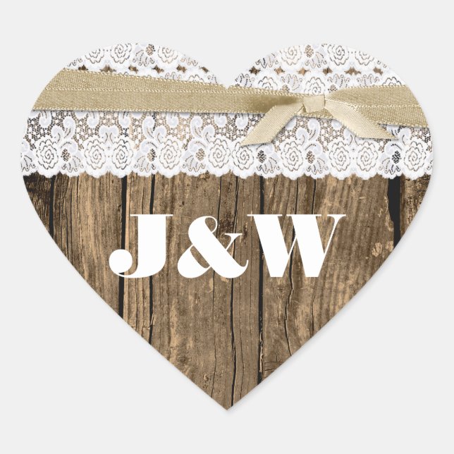 Sticker Cœur Sceau Mariage en bois rustique et dentelle (Devant)