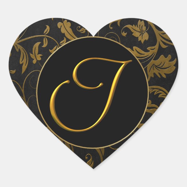 Sticker Cœur Sceau Monogram I Gold et Black Mariage damassé (Devant)
