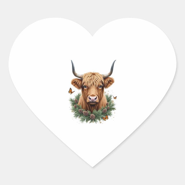 Sticker Cœur Scottish Highland Cow Cattle Hairy Cow Christmas W (Devant)