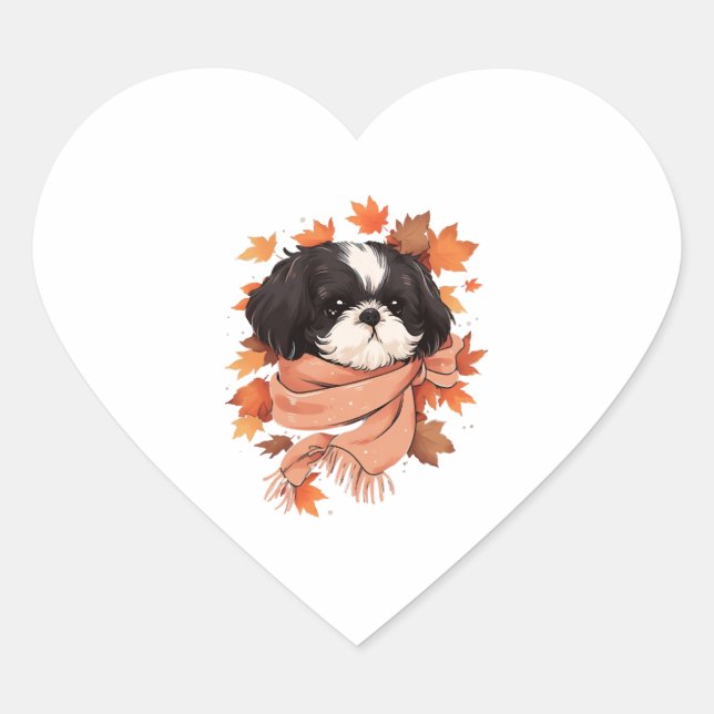 Sticker Cœur Shih Tzu Fall Dog Automne quitte Thanksgiving Copi (Devant)