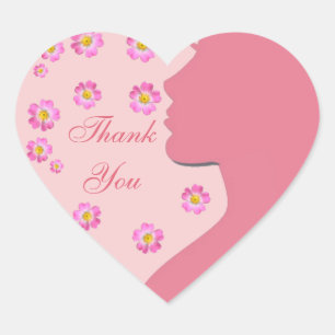 Sticker Cœur Silhouette de femme, fleurs sur rose en or Merci