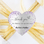 Sticker Cœur Silver violet coeur merci mariage<br><div class="desc">Un arrière - plan faux argenté,  décoré de parties scintillant faux violet. Avec le texte : Merci de partager notre journée spéciale,  avec un petit coeur. Personnalisez et ajoutez vos noms.</div>