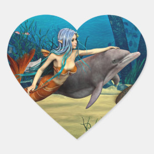 Sticker Cœur Sirène avec dauphin