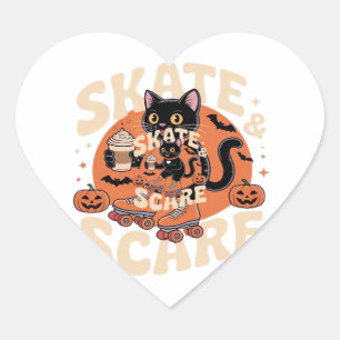 Sticker Cœur Skate & Scare � Joli Chat Noir en Patins à Roulett