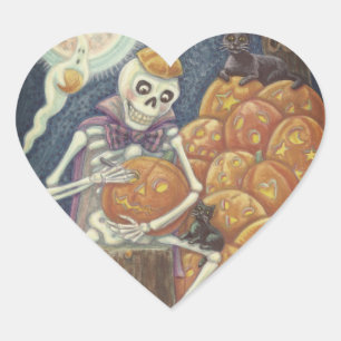 STICKER CŒUR SKELETON, CHATS NOIRS CARVANT DES JACKS, BILLETS