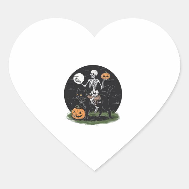 Sticker Cœur Skeleton équitation Chat noir Halloween Citrouille (Devant)