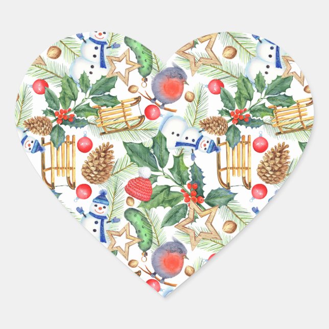 Sticker Cœur Snowman de Noël, Cônes de pin, Holly, Motoneige, É (Devant)