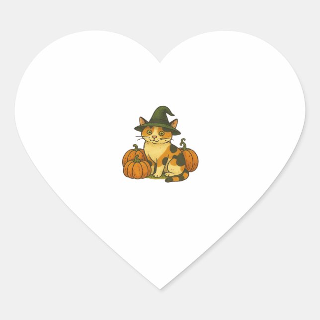 Sticker Cœur Sorcière Chat Calico avec Citrouilles Halloween De (Devant)