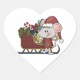 Sticker Cœur Souris de Père Noël avec le traîneau