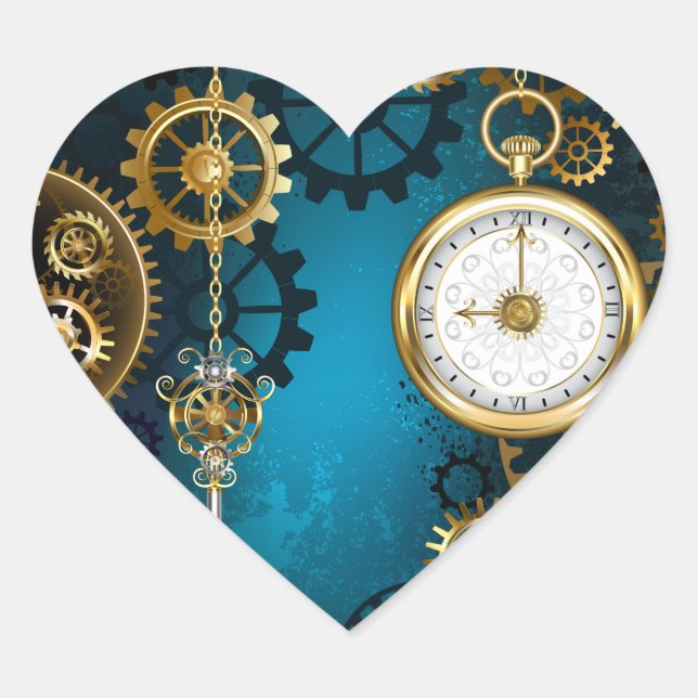 Sticker Cœur Steampunk Arrière - plan turquoise avec Gears (Devant)