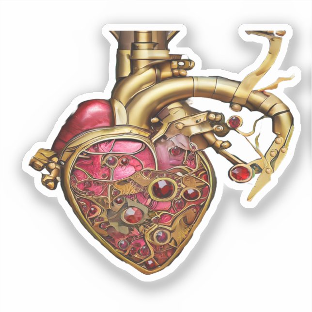 Sticker Cœur Steampunk Rubis et Engrenages Anatomiques (Recto)