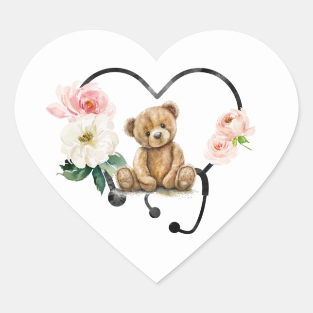 Sticker Cœur Stethoscope Médicale à fleurs à ours en peluche (Devant)