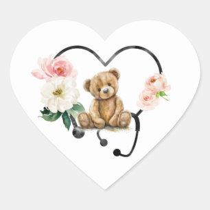 Sticker Cœur Stethoscope Médicale à fleurs à ours en peluche