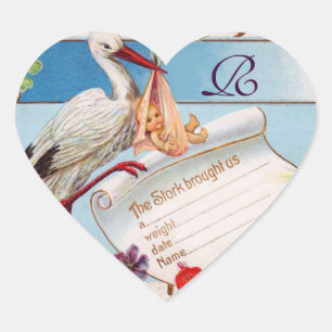 STICKER CŒUR STORK BÉBÉ FILLE DOUCHE MONOGRAMME DU COEUR DE LA