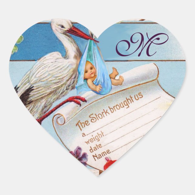 STICKER CŒUR STORK BÉBÉ GARÇON DOUCHE COEUR MONOGRAMME (Devant)