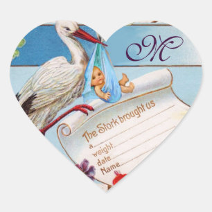 STICKER CŒUR STORK BÉBÉ GARÇON DOUCHE COEUR MONOGRAMME