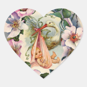 STICKER CŒUR STORK FILLE BABY SHOWER COURONNE AVEC DES ROSES SA